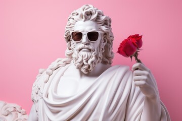 Statue of Zeus with a red rose on a pink background. - obrazy, fototapety, plakaty