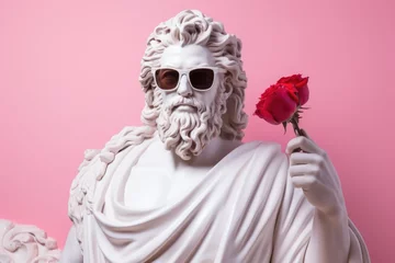 Foto op Canvas Statue of Zeus with a red rose on a pink background. © Владимир Солдатов