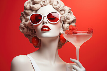 Portrait of a beautiful woman in red sunglasses with a glass of martini. - Powered by Adobe