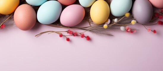 Naklejka na ściany i meble Easter eggs with feathers on pink background. Happy Easter concept.
