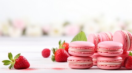 Obraz na płótnie Canvas Pink macarons with strawberry cream, on isolated white background