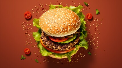 Top view burger ingredients, on red background