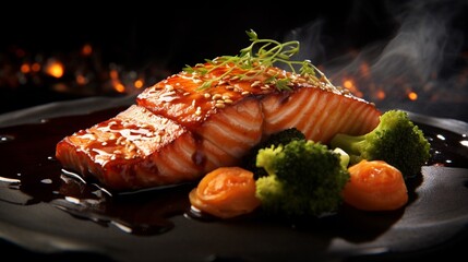 Serving in the restaurant, miso glazed salmon