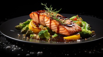 Serving in the restaurant, miso glazed salmon