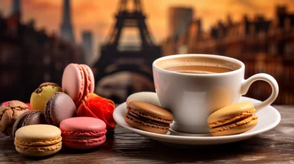 Foto op Canvas Colorful macarons and coffee cup, on wood table with Eiffel Tower on backgound © MagicS