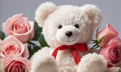 White teddy bear sits near a plain background with roses in valentine theme