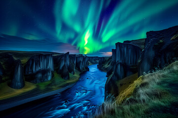 The aurora borealis casts a stunning green lights across the starlit sky above a serene river flowing through a canyon with towering cliffs.
2 / 2