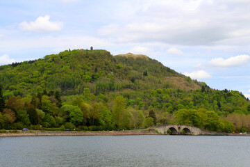 View of the Dun Na Cuaiche watchtower above the Aray Bridge, Inveraray Castle