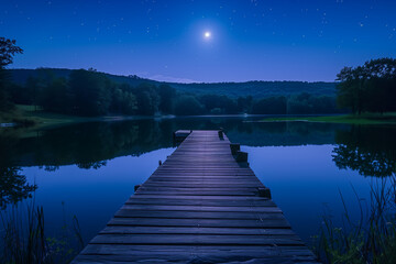 A night scene with a star-speckled sky over a calm lake, viewed from a wooden pier that leads into...