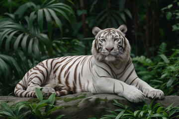 A white tiger with striking stripes is lying down and resting pose, surrounded by lush green tropical foliage.