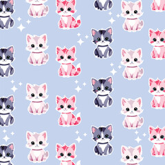 Seamless Pattern cute kittens in pink, green, adorable. children's decorations for printed fabric, clothes, curtains, trousers, books, paper.