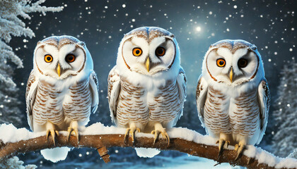 Fototapeta premium Closeup of three white owls or snowy owls, on a frozen branch in winter looking at camera. In the background night scene with snowflakes. (Bubo Scandiacus). Generative Ai.