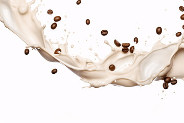 Milk splash with coffee beans on white background