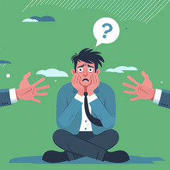 Flat cartoon illustration of unhappy, surprised, shocked, puzzled, making difficult choice young man spreading his arms. Concept of confusion, uncertainty, deadline, I don't know, insecurity.