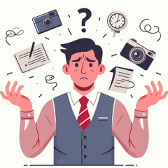 Flat cartoon illustration of unhappy, surprised, shocked, puzzled, making difficult choice young man spreading his arms. Concept of confusion, uncertainty, deadline, I don't know, insecurity.