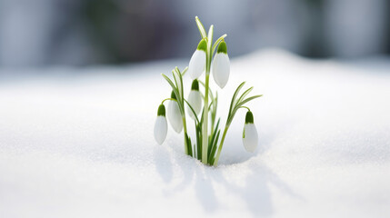 Snowdrops in spring among the snow