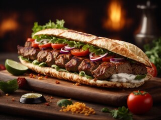 Shish kebab famous food in cinematic view, studio lighting and background, food photography 
