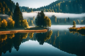 Foto auf Acrylglas Antireflex Misty morning scene of Lacu Rosu lake. Foggy summer sunrise in Harghita County, Romania, Europe. Beauty of nature concept background.  © Muhammad