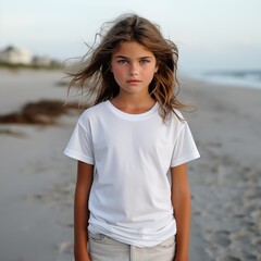 girl in a white T-shirt with a place for your logo or design standing against the background of a deserted beach, in the style of minimalistic sophistication