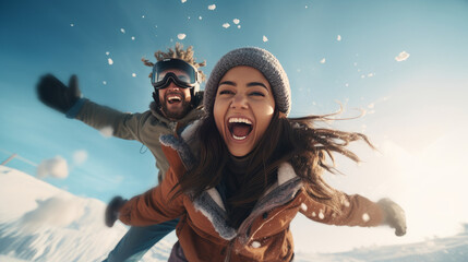 Fototapeta na wymiar Portrait of two young, beautiful, smiling and happy people, a guy and a girl, against the backdrop of a winter snowy landscape.