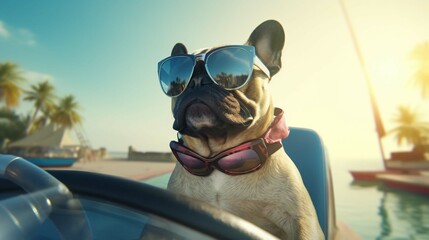 Funny French Bulldog dog is sitting behind the wheel of a speedboat, put his paws on the steering wheel against the sea, the carefree sunny summer day