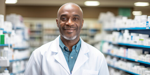 Portrait, mature male and pharmacist in store for healthcare, medicine and medical service. Confident, smile or friendly senior man in a pharmacy for medication, health or professional occupation - obrazy, fototapety, plakaty