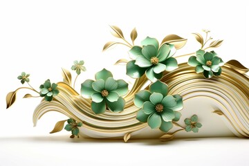 
Green blossom flowers swirls gold painted isolated on white background