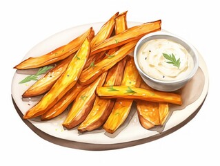 Delicious Baked Sweet Potato Wedges with Yogurt Dip on White Background AI Generated