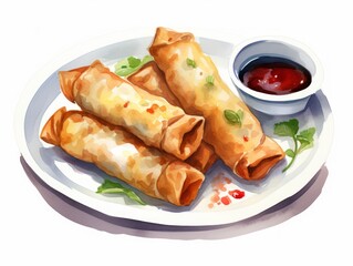 Delicious Egg Rolls with Sweet and Sour Sauce on White Background AI Generated