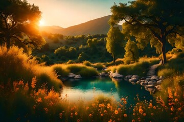 Fototapeta premium Beautiful Nature Background. Summer Sunset Landscape. Artistic Wallpaper