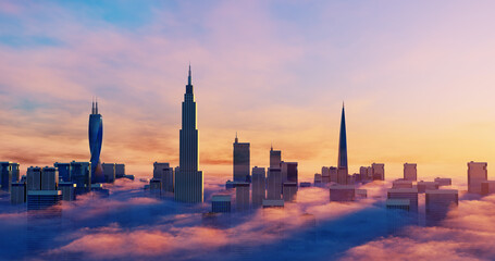 City above the clouds. Sunrise or sunset skyscrapers in the cloud and fog. 3d rendering. Cosmopolitan megalopolis.