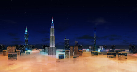 Obraz premium City above the clouds. Night skyscrapers in the cloud and fog. 3d rendering. Cosmopolitan megalopolis.