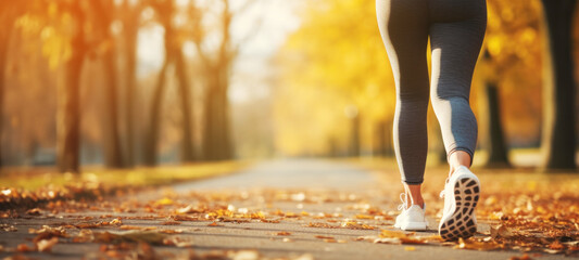 Fit woman walking in park during autumn time, athlete's foots close-up  in nature outdoors, healthy lifestyle and sport concepts.