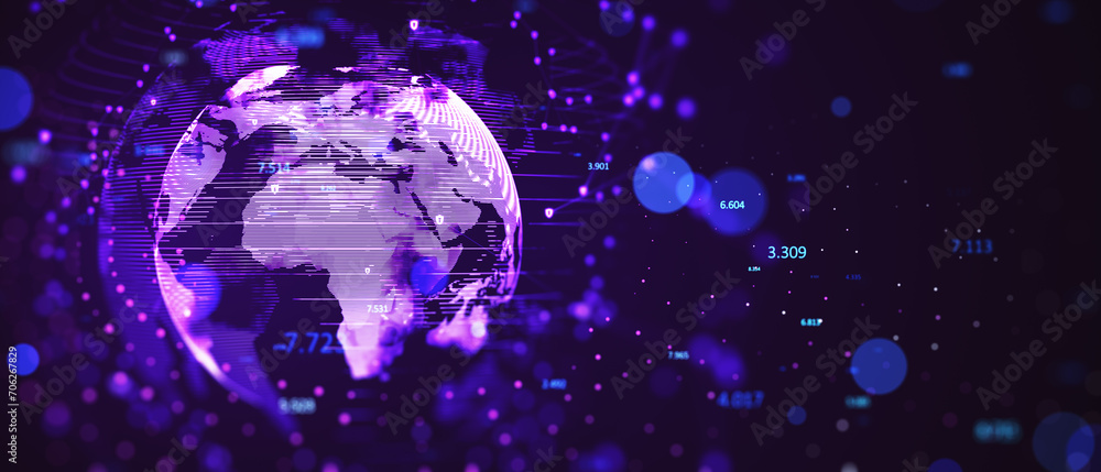 Poster Blue holographic globe with data points and network lines. Global business and information concept. 3D Rendering