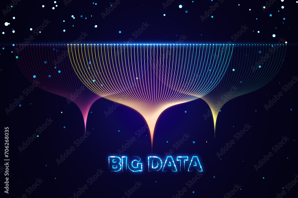 Aufkleber Futuristic big data concept with glowing neon lines and dark backdrop. Digital technology and information flow. 3D Rendering