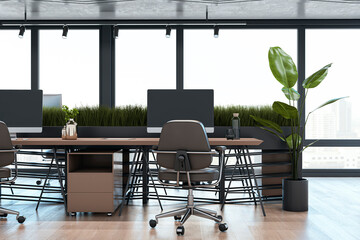 Simple concrete and wooden office interior with furniture and daylight, window and city view. 3D Rendering.