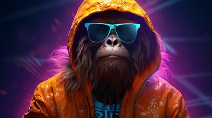 Orangutan in a jacket and sunglasses, in neon light - obrazy, fototapety, plakaty