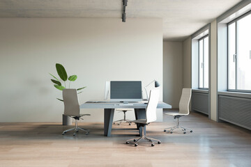 Spacious bright office interior with wooden flooring, furniture and daylight, window and city view. 3D Rendering.