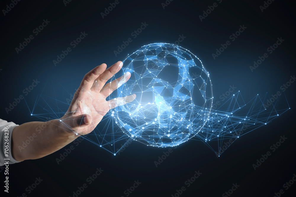 Poster hand reaching out to a digitally rendered globe, symbolizing global data connectivity and internet t