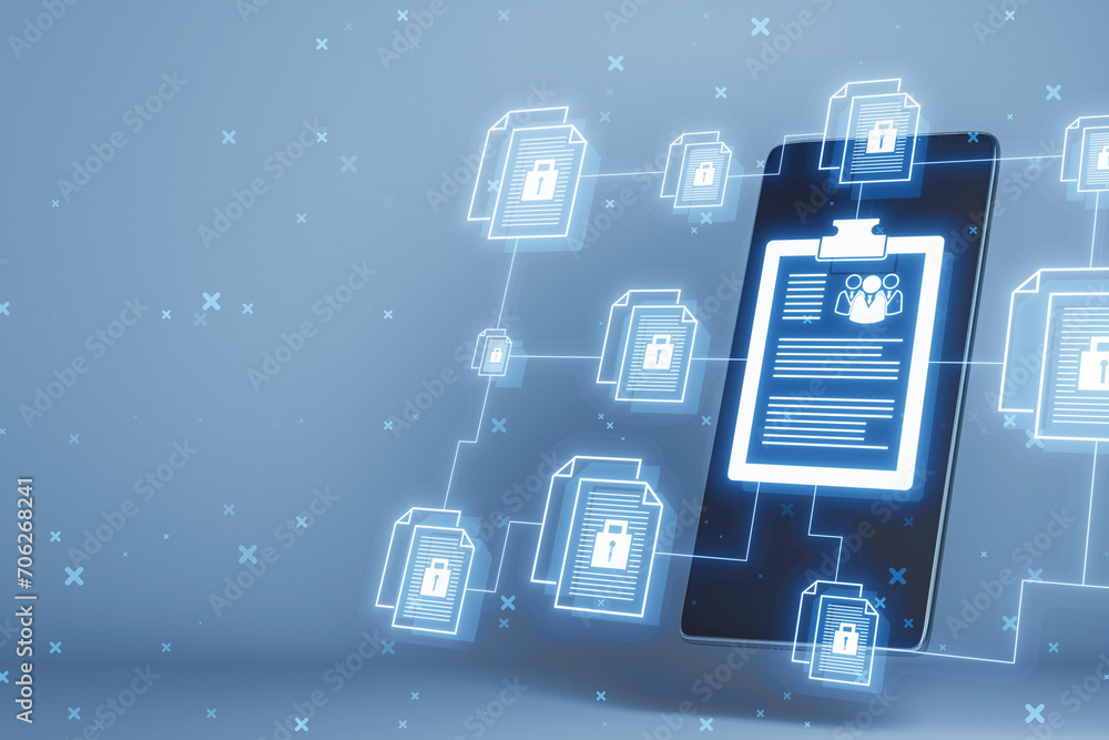 Poster Close up of smartphone with creative digital chain of documents on blurry background. Security, data, login and e-signature concept. 3D Rendering.