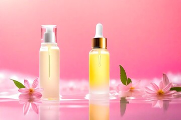 Obraz na płótnie Canvas Moisturizing serum for the skin stands in the water on a pink-yellow background
