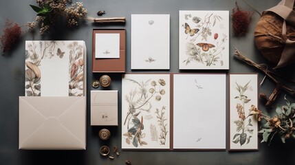 Romantic wedding invitation with a chic flower and butterfly theme in elegant blue, featuring a stylish arrangement that sets the perfect tone for the love-filled celebration.