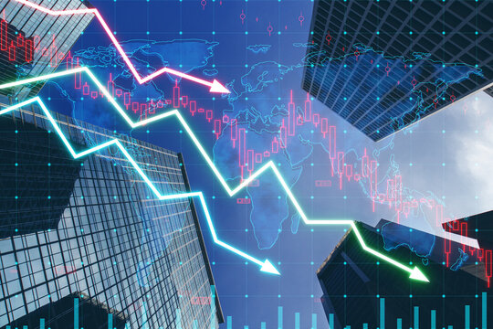 Abstract falling forex chart arrows on blurry night city backdrop. Financial crisis, trade and recession concept. Double exposure.