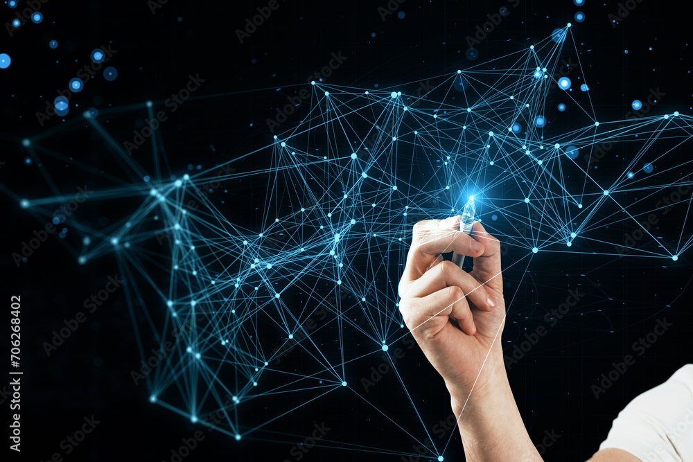 Poster Person engaging with virtual network points, concept of data science and digital connection in cyberspace