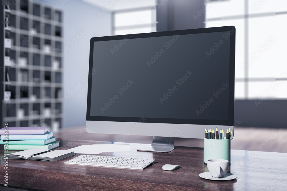 Poster contemporary wooden designer desktop with computer monitor, coffee cup, supplies, other objects and 