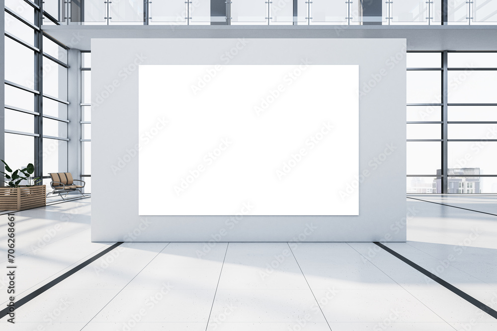 Poster modern airport waiting area interior with empty mock up banner, panoramic windows and city view, cha