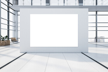 Modern airport waiting area interior with empty mock up banner, panoramic windows and city view, chairs and plants. 3D Rendering.