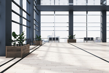 New airport waiting area interior with wooden flooring, panoramic windows and city view, chairs and...