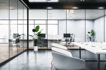 Modern wooden, concrete and glass meeting room interior with furniture and partitions. Workplace concept. 3D Rendering.