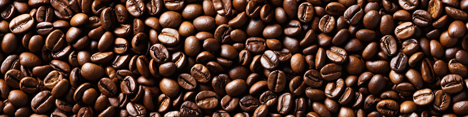 roasted fresh brown coffee beans background banner, top view, International Coffee Day